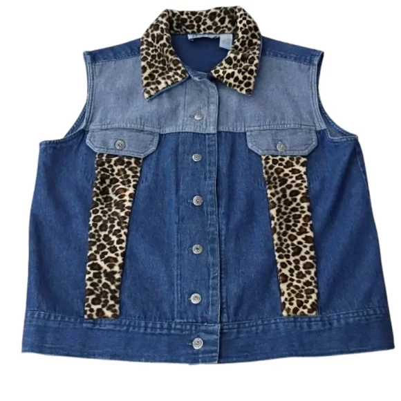 Marisol Y2K Two-Tone Demin Leopard Animal Print Jean Vest Small Boho Urban Chic - Picture 3 of 11